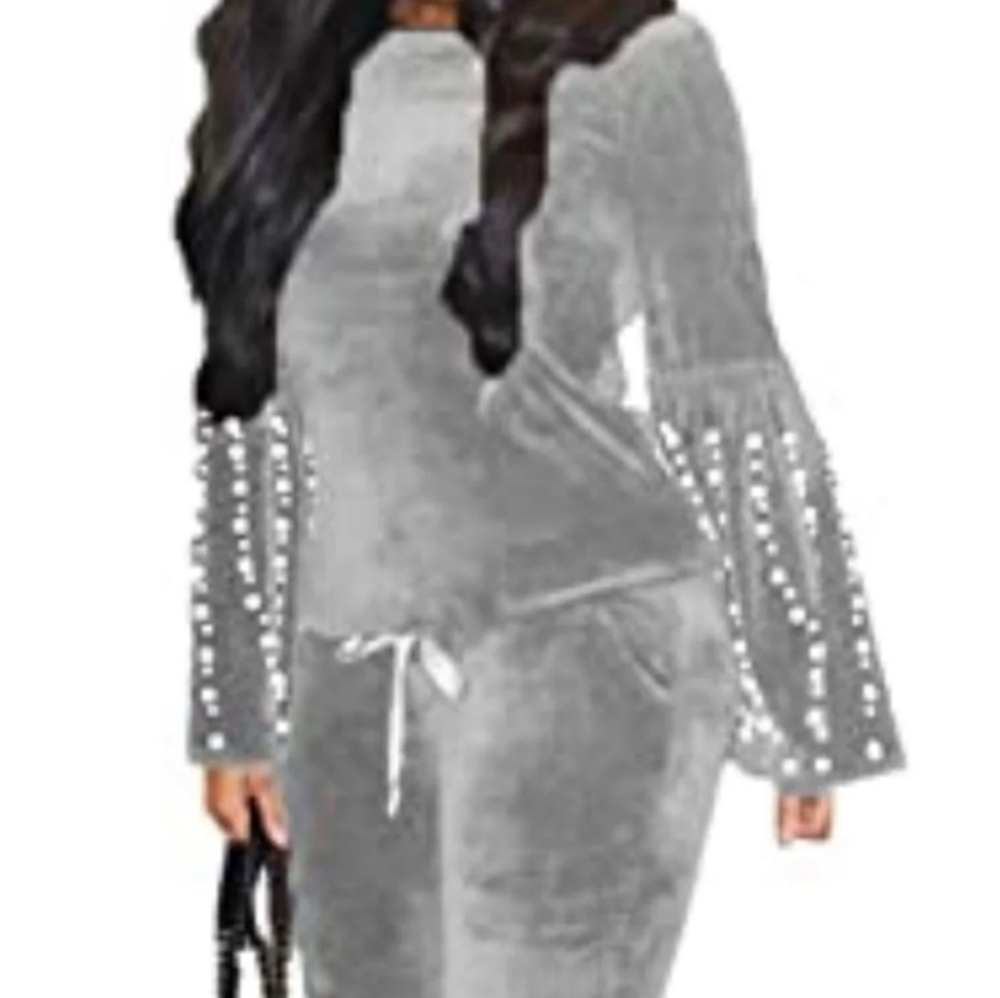 Grey Velour Pearl Two Piece Pants Set